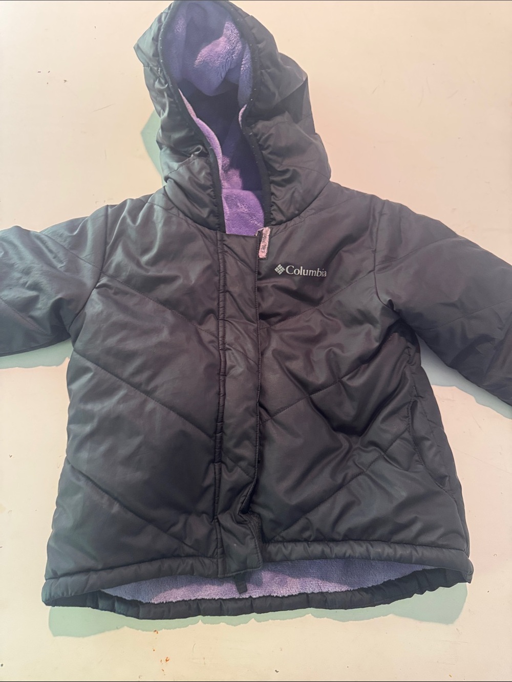 Columbia Black Kids Hooded Puffer Jacket with Purple Lining